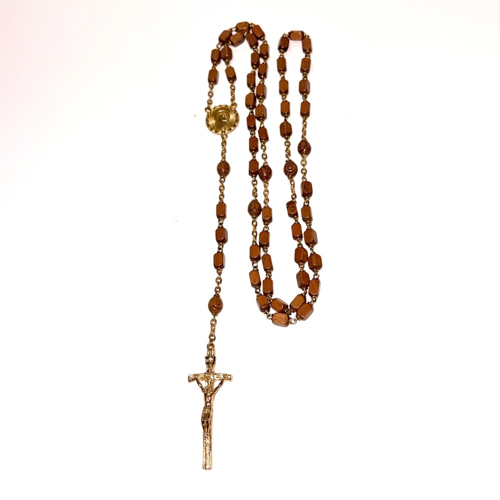 Vintage Wood Bead Rosary Gold Tone Lourdes Medal Crucifix Religious Necklace 24"